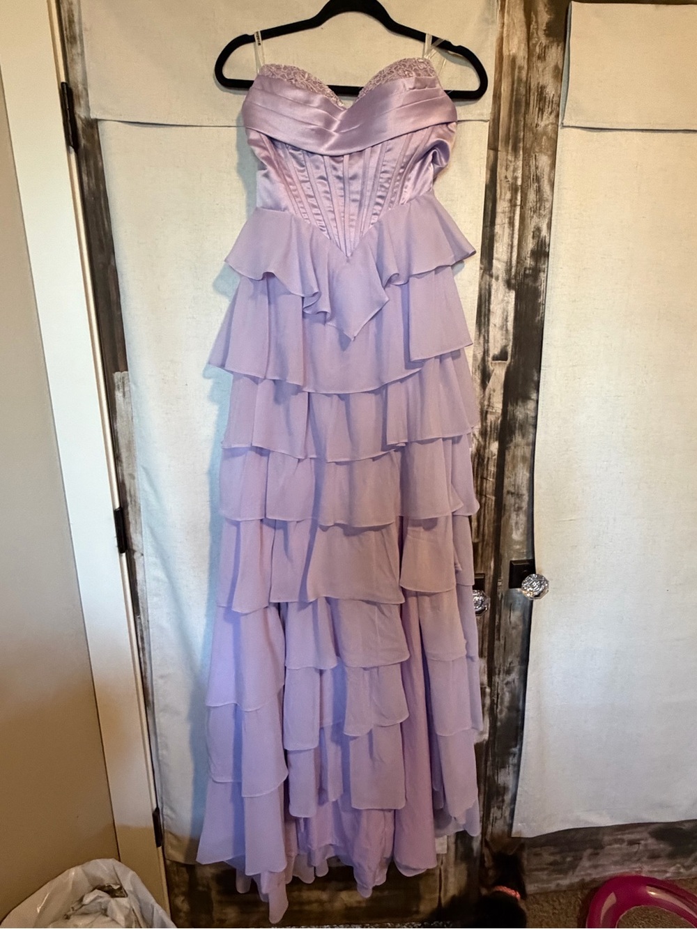 Lavender Tiered Ruffle Strapless Prom Dress